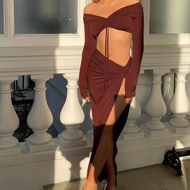 KittenAlarm - Leilani Long Sleeve Crop Top & High Slit Skirt Set Casual Formal Business KittenAlarm - Leilani Long Sleeve Crop Top & High Slit Skirt Set Casual Formal Business