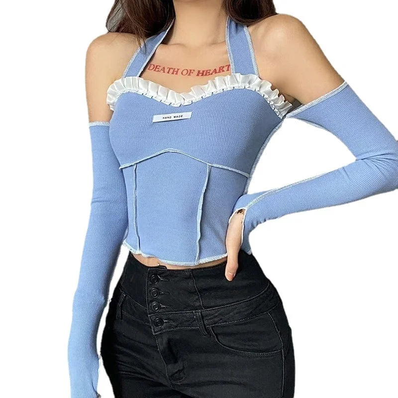 Women's Gothic Halterneck Ruffled Splice Crop Top Striped Floral Plaid