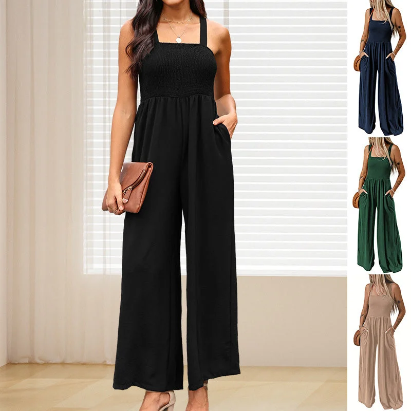 Summer Square Neck High Waist Jumpsuit Women's Backless Pleated Design Wide Leg Trousers Clothing Trousers cozy soft