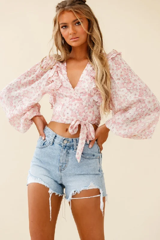 Hello, Dolly! Long Sleeve Waist Tie Crop Top Floral Print Pink Cashmere Blend Cotton Blend Poly Blend Hello, Dolly! Long Sleeve Waist Tie Crop Top Floral Print Pink Cashmere Blend Cotton Blend Poly Blend