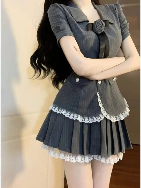 Striped Elegant 2 Piece Dress Set Women Short Sleeve Vintage Y2k Crop Top Blouse + Mini Skirt Summer Korean Fashion Suits Solid Print Embellished Striped Elegant 2 Piece Dress Set Women Short Sleeve Vintage Y2k Crop Top Blouse + Mini Skirt Summer Korean Fashion Suits Solid Print Embellished