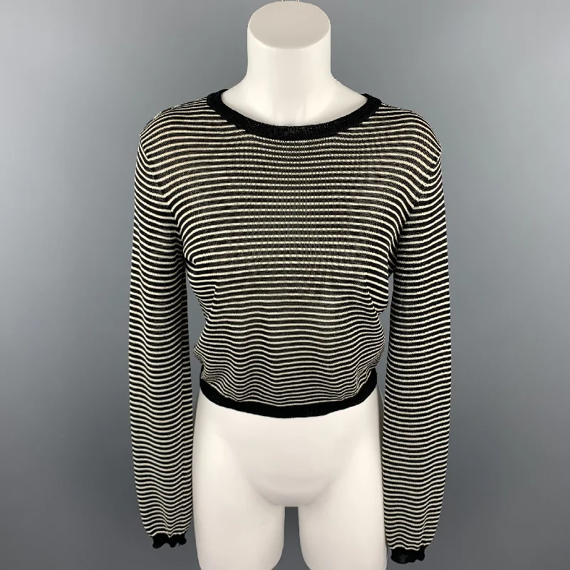 RALPH LAUREN COLLECTION Size S Black & White Knitted Stripe Rayon Blend Crew-Neck Pullover Hooded Pullover Sweater RALPH LAUREN COLLECTION Size S Black & White Knitted Stripe Rayon Blend Crew-Neck Pullover Hooded Pullover Sweater