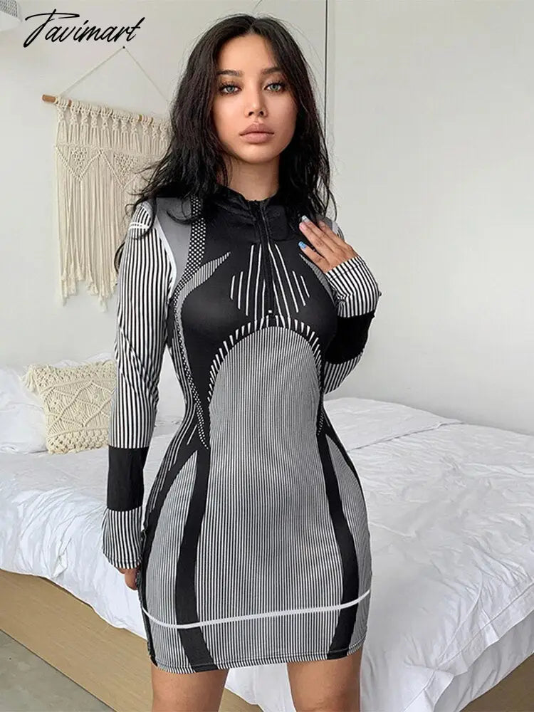 Tavimart Sporty Stripe Long Sleeve Mini Dress Women Zipper Pullover Bodycon Dresses Female Fashion Casual Basic Slim Dresses Asymmetrical Neck Pullover