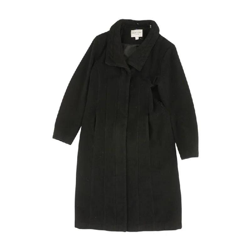 Black Solid Coat Collared Crew Neck Turtle Neck