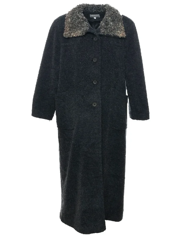 Dark Grey Wool Coat - L Suede Faux Fur Shearling