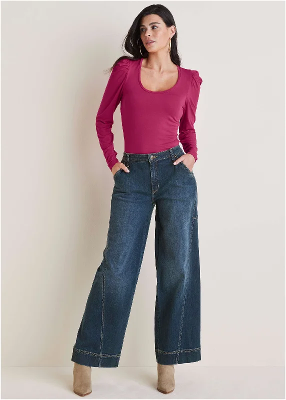 Wide Leg Denim Trousers - Dark Wash Trousers Leather Faux