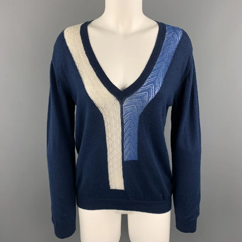 DRIES VAN NOTEN Size S Navy & cream Cotton Wool Blend V Neck Pullover Sarouel Sleeve Pullover DRIES VAN NOTEN Size S Navy & cream Cotton Wool Blend V Neck Pullover Sarouel Sleeve Pullover