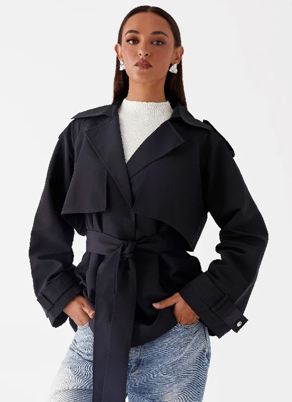Ace Of Spades Cropped Trench Coat - Black Crew Neck V-Neck Boat Neck