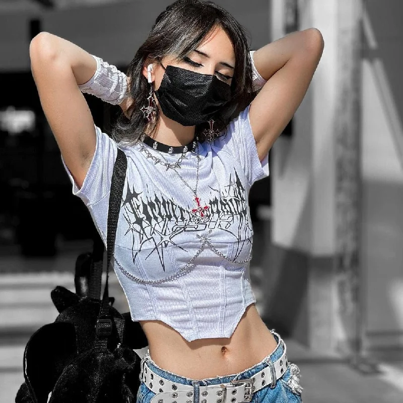 Women's Punk Rock Metal Chain Short Sleeved Crop Top Cotton Fabric Linen Fabric Terry Fabric Women's Punk Rock Metal Chain Short Sleeved Crop Top Cotton Fabric Linen Fabric Terry Fabric