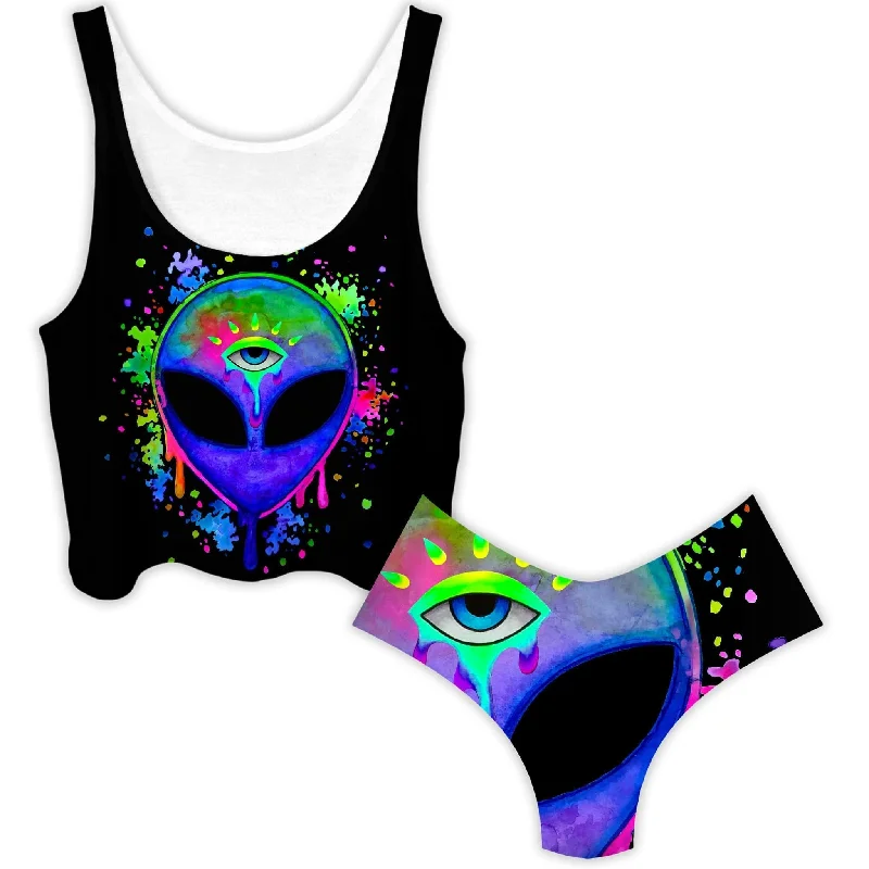 Splatter Alien Crop Top and Booty Shorts Combo Elasticated Padded Insulated