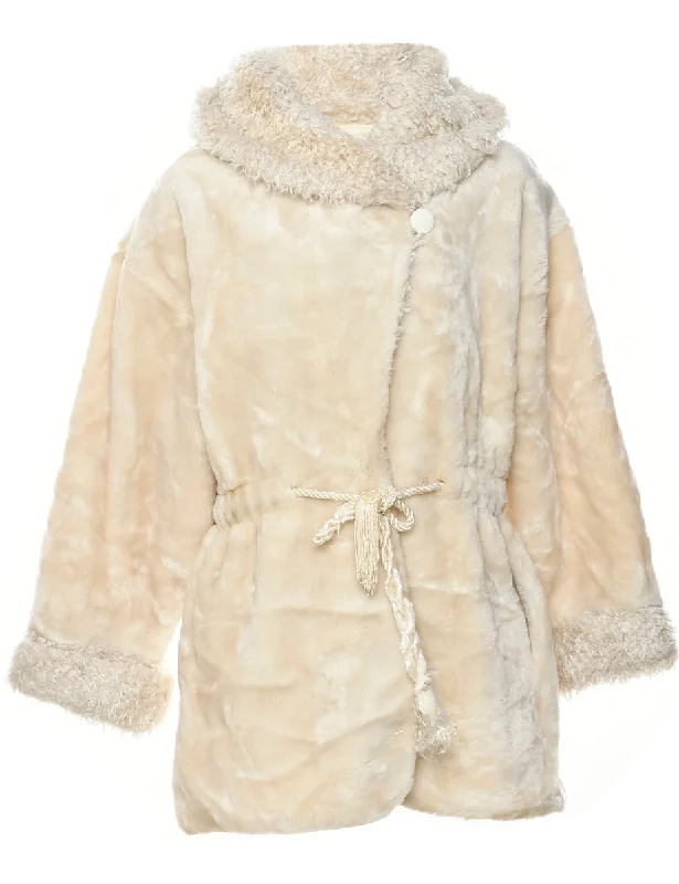 Hooded Faux Fur Coat - L Houndstooth Coat Plaid Coat Tartan Coat
