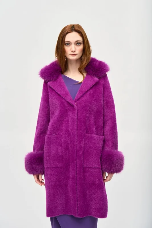 Joseph Ribkoff Detachable Faux Fur Trim Long Sleeve Coat 243923 Vent Hem Cuff