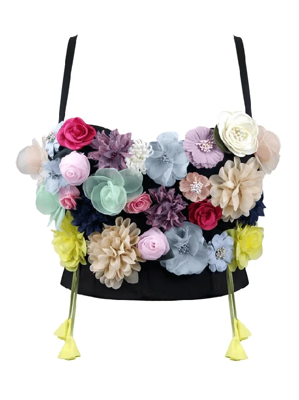Women's 3D Simulation Flower Strappy Sleeveless Bustier Crop Top Bra Front Pockets Side Pockets Patch Pockets Women's 3D Simulation Flower Strappy Sleeveless Bustier Crop Top Bra Front Pockets Side Pockets Patch Pockets