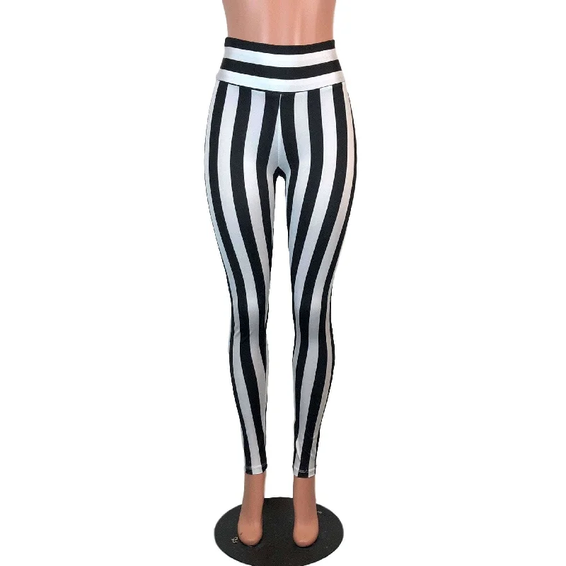 High Waisted Leggings - Black & White Stripe Comfortable Capri-Length Leggings