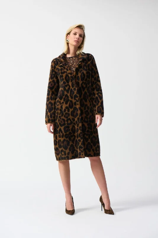 Joseph Ribkoff Beige/Black Animal Print Plush Knit Coat 244956 Parka Down Jacket Wool Coat