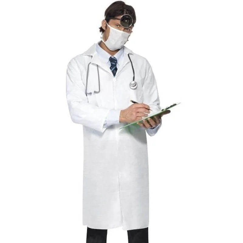 Doctors Costume Adult White Coat Mask Solid Print Jacquard