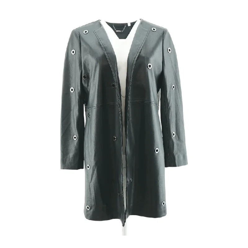 Black Solid Faux Leather Coat Coat Overcoat Trench Coat