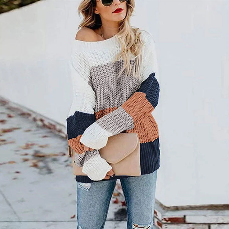 Women Casual Rainbow Color Stripe Stitching Pullover Loose Knitted Sweater Saggy Sleeve Comfort Women Casual Rainbow Color Stripe Stitching Pullover Loose Knitted Sweater Saggy Sleeve Comfort