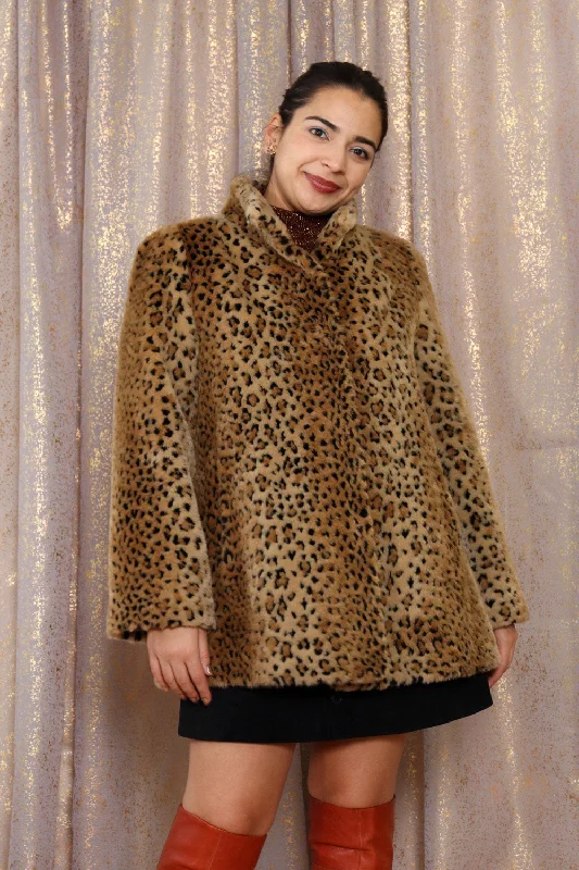 Plush Leopard Faux Fur Coat M/L Trim Padded Insulated