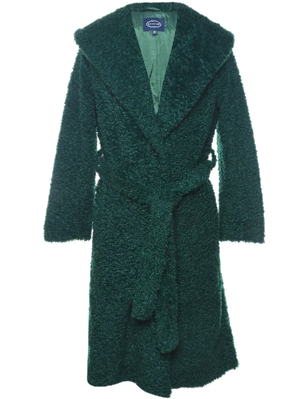 Green Faux Fur Coat - XS Welt Pockets Slit Pockets Flap Pockets