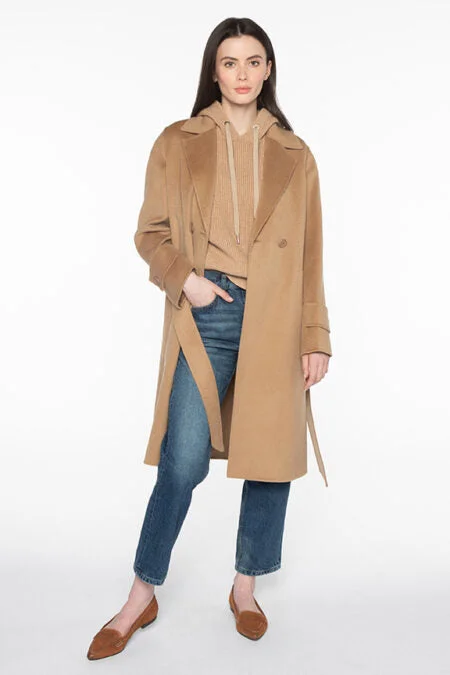 Kinross Cashmere Notch Collar Belted Coat empire Basque Peplum