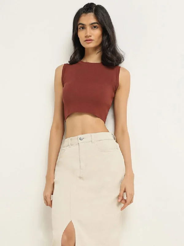 Nuon Brown Knitted Crop Top Striped Floral Plaid