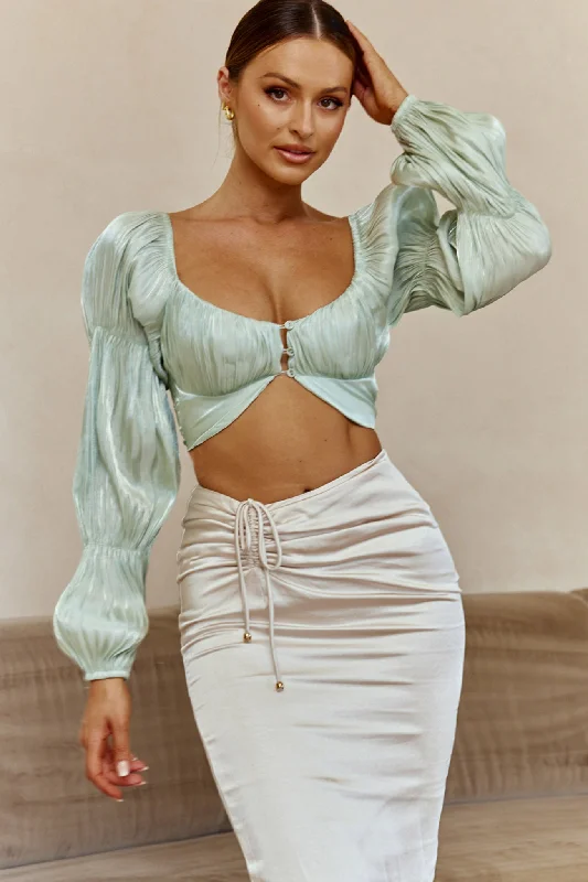 Alira Three-Button Ruched Bust Crop Top Pistachio Zippered Buttoned Snapped