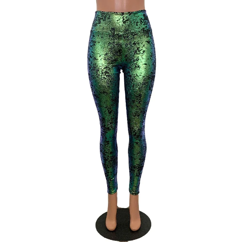 Green on Black Gilded Velvet High Waisted Leggings Pants Stylish Stretch-Waist Leggings
