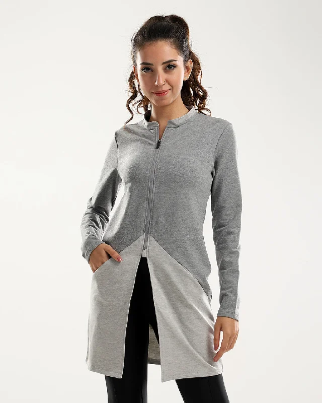 Heather Grey Shades Zipped Long Sweatshirt With Front Pockets Hoodie with Strings Custom Fit Adjustable
