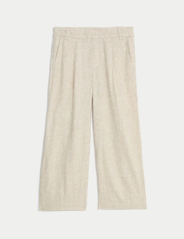 Linen Rich Wide Leg Cropped Trousers Trousers Mesh Breathable