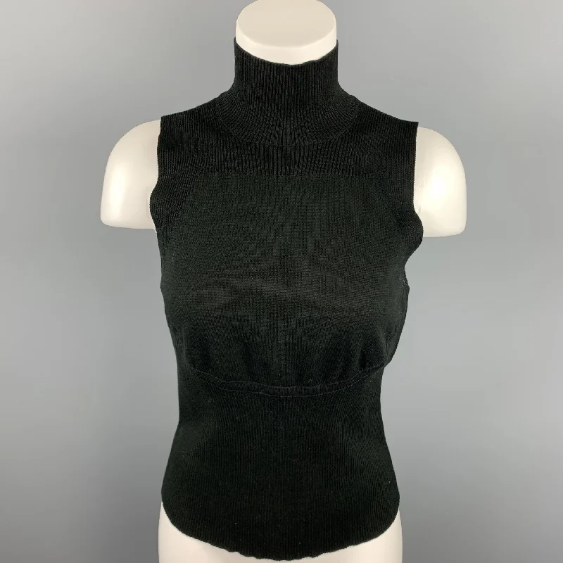 CHANEL Size 8 Black Cotton Ribbed Tutrleneck Sleeveless Pullover Cap Sleeve Casual