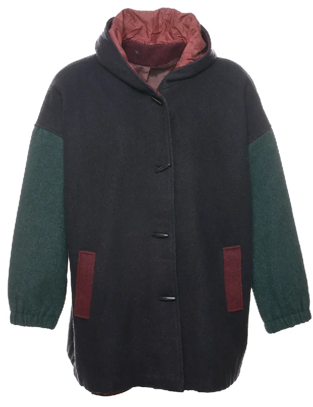 Hooded Wool Coat - XXL Hook-and-Loop Buckled Tied
