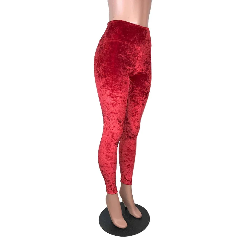 Red Crushed Velvet High Waisted Leggings Pants Fashionable Printed Leggings