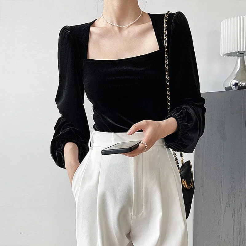 Women's Gothic Square-cut Collar Puff Sleeved Crop Top Elegant Classic Vintage