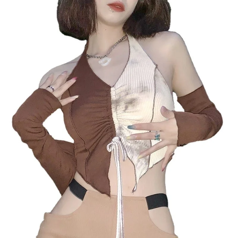 Women's Grunge Double Color Drawstring Crop Top with Oversleeve Collared Crew Neck Turtle Neck