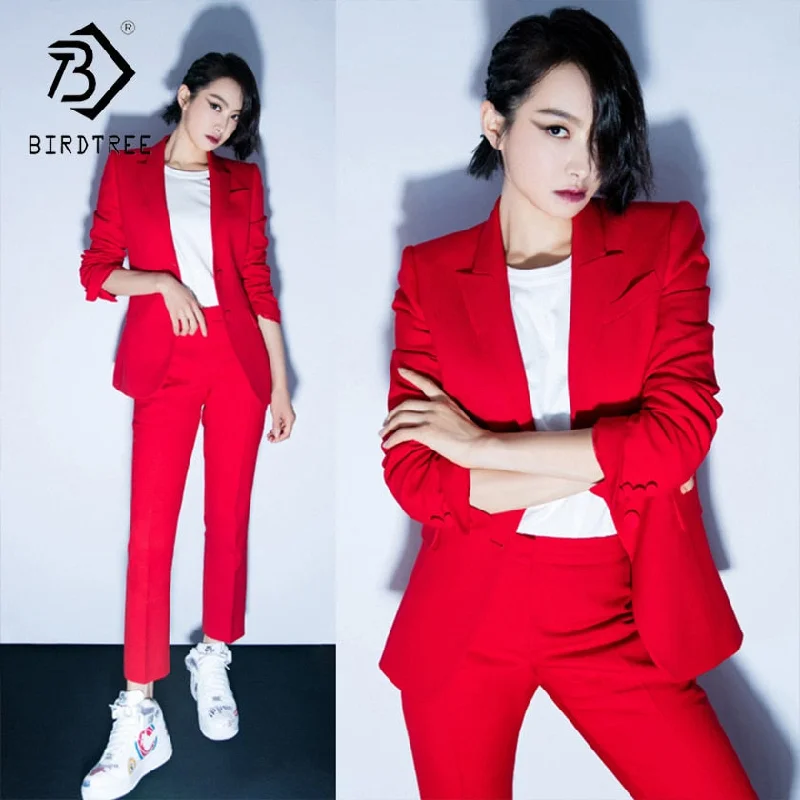 Women's Office Lady Two Pieces Sets Solid Red Elegant Single Breasted Turn-down Collar Blazers And Full Length Trousers S88705Y Trousers versatile functional