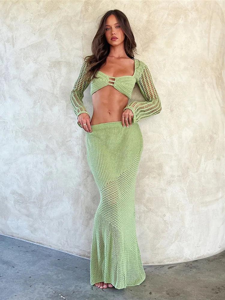 Women's Crochet Knit 2 Piece Set: Backless Crop Top Skirt Anti-Pilling Machine Wash Handmade Women's Crochet Knit 2 Piece Set: Backless Crop Top Skirt Anti-Pilling Machine Wash Handmade