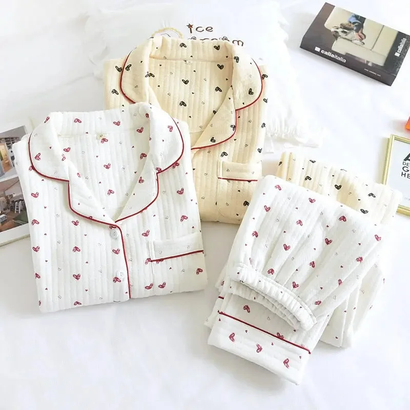 Autumn Winter Cute Pajamas Set Sleepwear Thicken Warm Cotton Female Long Sleeve Trousers Pijama Suit Trousers Occasion Special