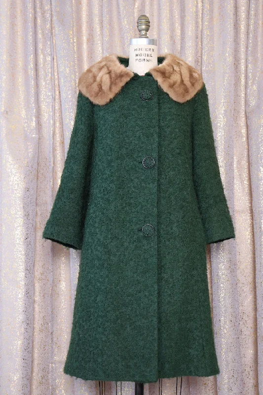 Fern Green Bouclé Fur Collar Coat S/M Asymmetrical Collar Hooded Zippered