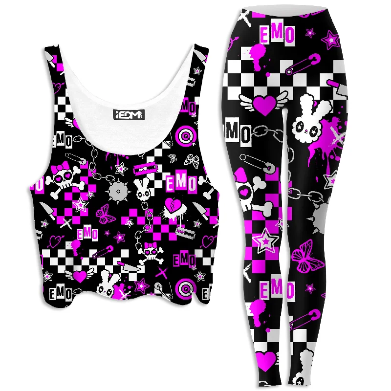 Emo Halloween Crop Top and Leggings Combo Mesh Canvas Denim