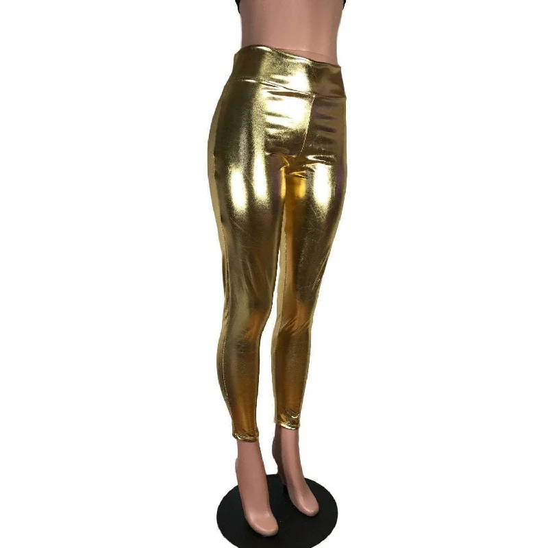 Metallic Gold High Waisted Leggings Pants Elegant Full-Body Leggings