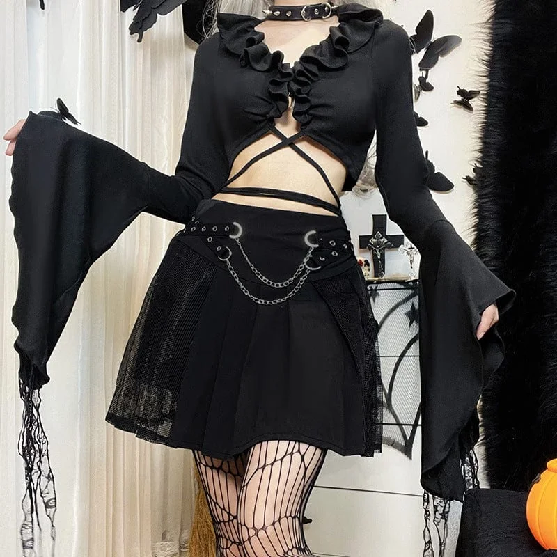 Women's Gothic Strappy Ruffled Crop Top Seamless Knitted Crochet