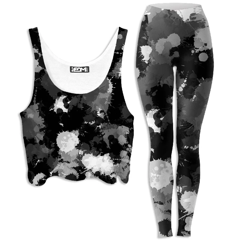 Black White and Grey Paint Splatter Crop Top and Leggings Combo Sequined Glittery Shiny Black White and Grey Paint Splatter Crop Top and Leggings Combo Sequined Glittery Shiny