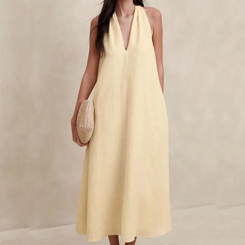 TAVIMART  -  Women New Sleeveless Halter Long Dress Elegant Ladies Solid Color Pockets Loose Dress Summer 2024 V-neck Party Pullover Dress Long Sleeve Pullover