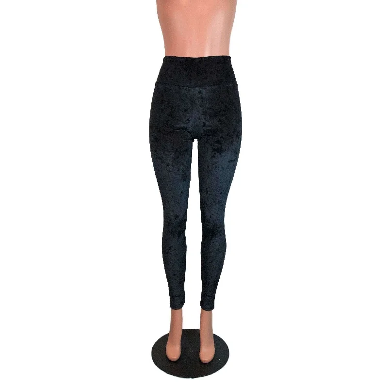 Black Crushed Velvet High Waisted Leggings Pants Comfortable Wide-Band Leggings