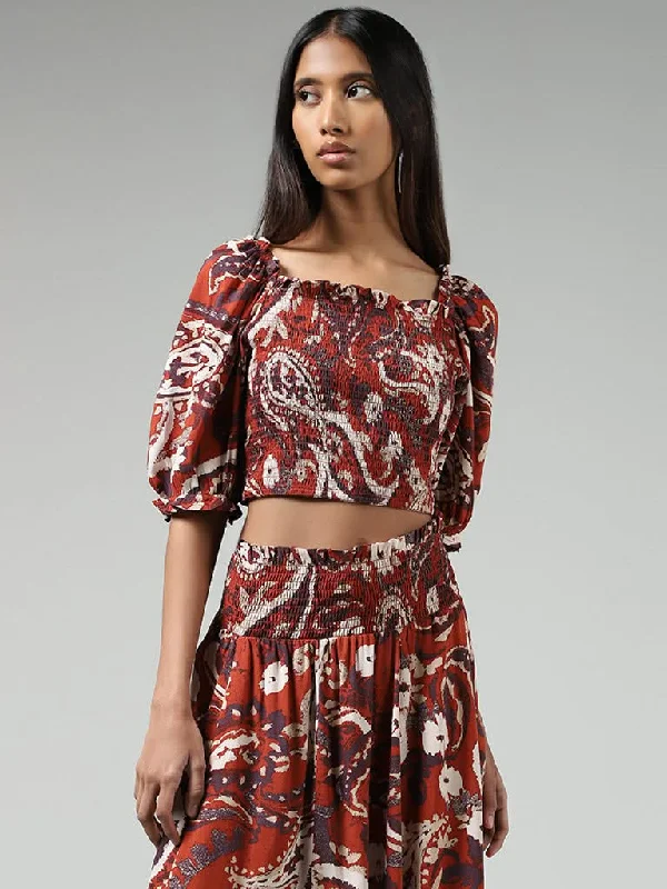Bombay Paisley Rust Paisley Printed Smocked Crop Top Chenille Fabric Brocade Fabric Lace Fabric Bombay Paisley Rust Paisley Printed Smocked Crop Top Chenille Fabric Brocade Fabric Lace Fabric