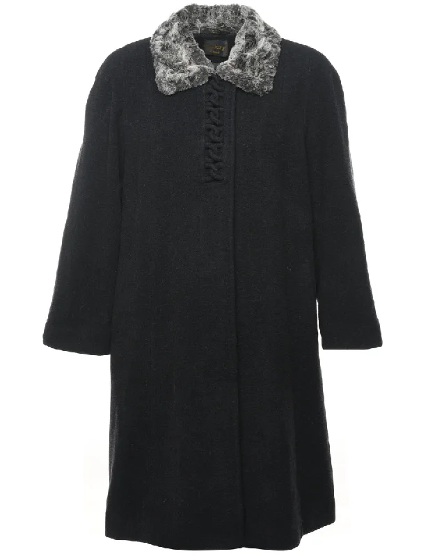 Black Faux Fur Trim Coat - L Lapel Coat Peter Pan Collar Coat Cowl Neck Coat