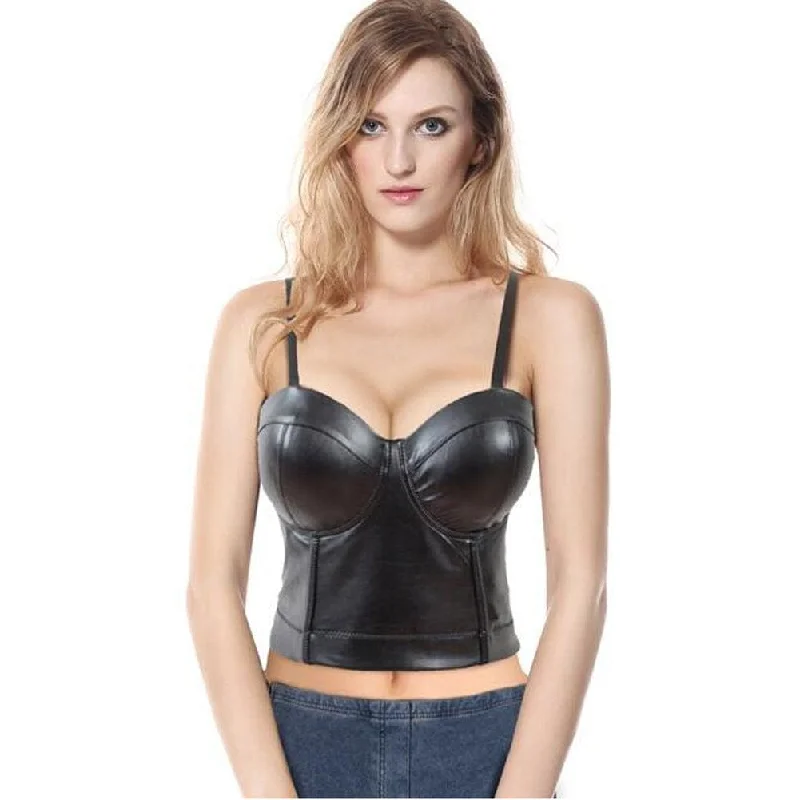 Women's Spaghetti Straps Faux Leather Bustier Crop Top Asymmetrical Pockets Print