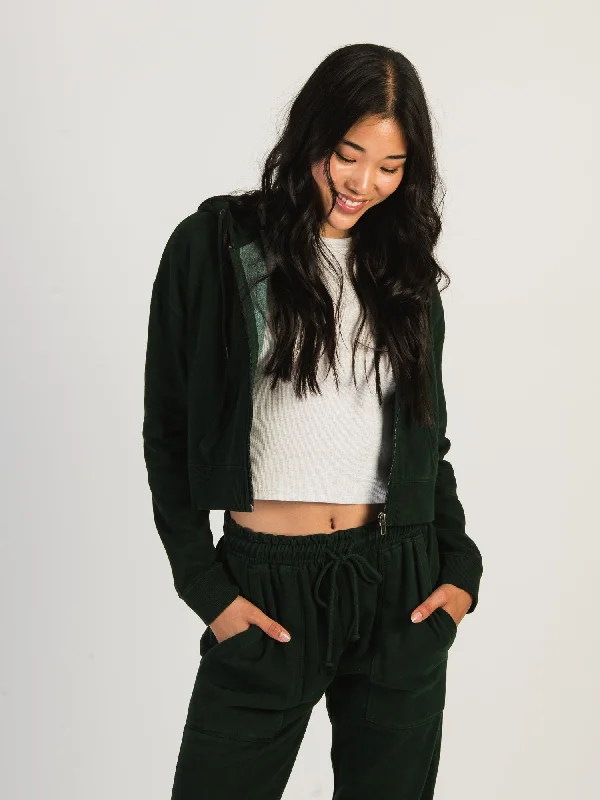 HARLOW JOSIE ZIP UP HOODIE - FOREST Hoodie with Frayed Bohemian Relaxed