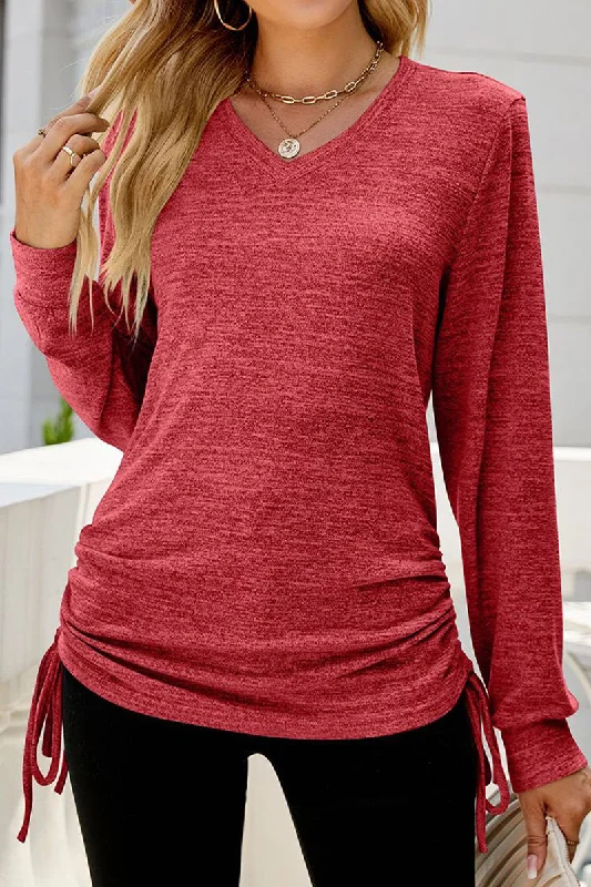WOMEN V NECK SIDE DRAWSTRING PULLOVER TOP Open Front Cardigan